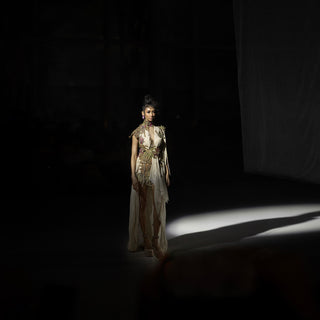 Model in an elaborate dress standing in a spotlight against a dark background