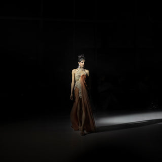Women’s rust draped evening dress with embellished high-neck bodice 