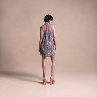 Back view of a sleeveless embroidered mini dress featuring a sheer overlay - artistic high fashion outfit, youngester dress, luxury womenswear
