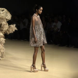 Embellished anti-fit balloon dress, intricate embroidery - artistic high fashion outfit, youngester dress, artistic embroidery