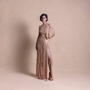 Panelled embellished dress with shoulder wrap – elegant formal wear, cocktail gown.