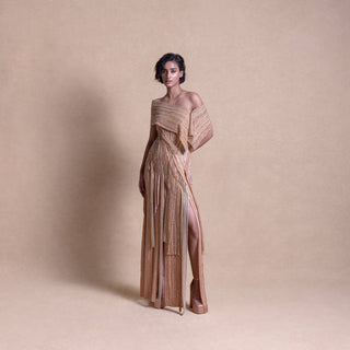 Panelled embellished dress with shoulder wrap – elegant formal wear, cocktail gown.