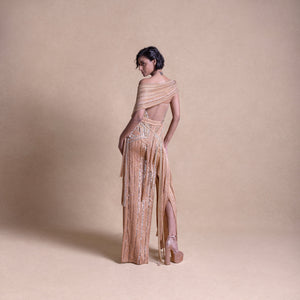 back view of Beige Embellished Panelled Gown with Backless Design and Shoulder Wrap – Elegant Evening Dress, Cocktail Attire