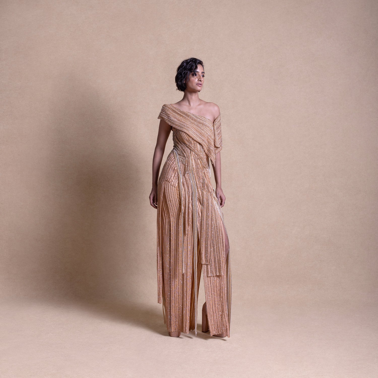 Beige Panelled Embellished Gown with Shoulder Wrap – Elegant Cocktail Dress, Formal Wear