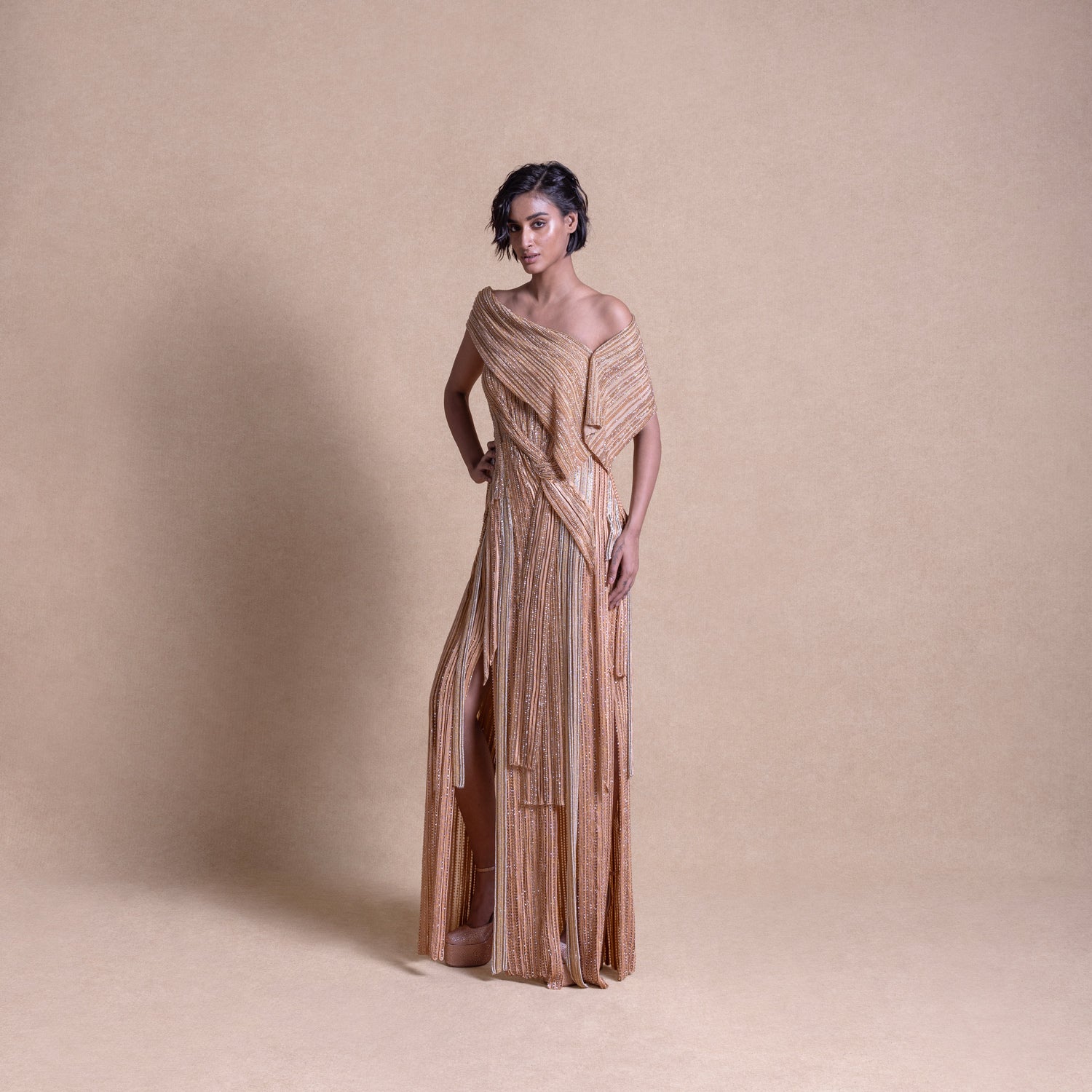 Beige Embellished Panelled Dress with Draped Shoulder Wrap – Stylish Cocktail Gown, Formal wear