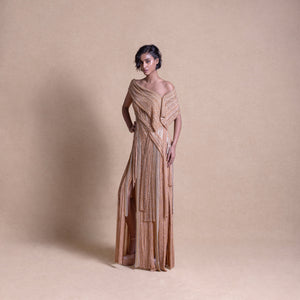 Beige Embellished Panelled Dress with Draped Shoulder Wrap – Stylish Cocktail Gown, Formal wear