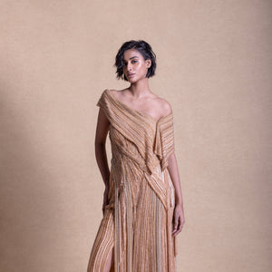 Panelled embellished dress with shoulder wrap – elegant formal wear, cocktail gown, beige off-shoulder dress, sophisticated attire