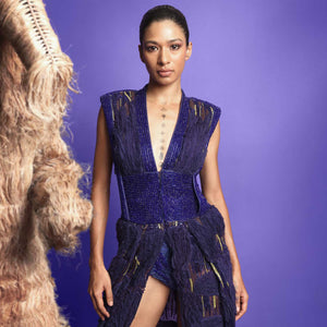 Luxury deep blue embellished jacket set with power shoulders and high slit – couture runway fashion, bold designer outerwear, redcarpet look