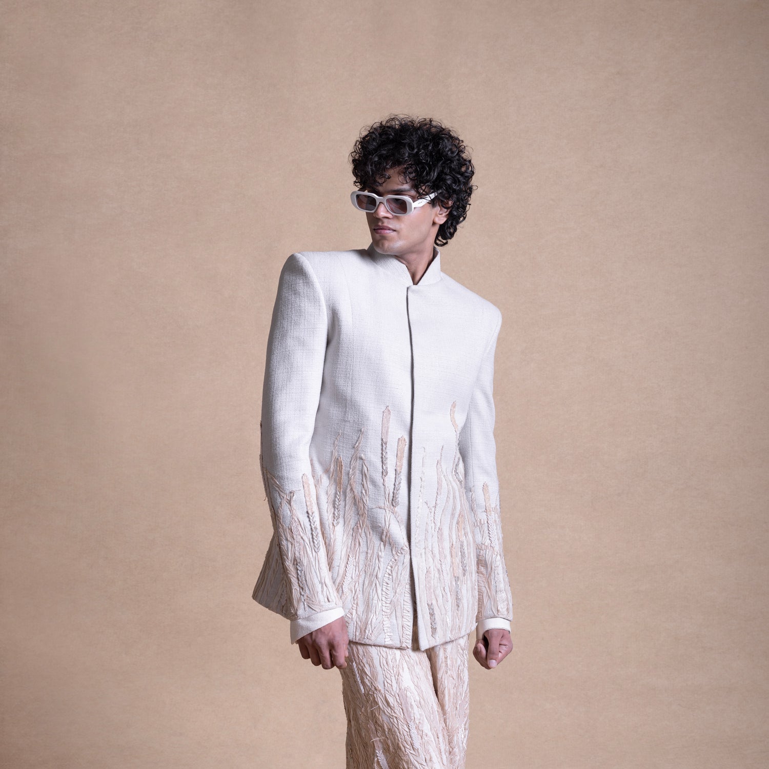 Embroidered handloom bandhgala jacket – artisanal men’s fashion, contemporary Indian menswear, modern Indian ceremonial wear