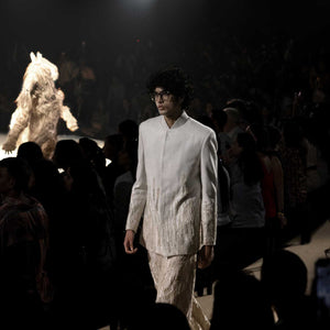 Male model in embellished bandhgala walking runway - artisanal men’s fashion, artisanal men’s fashion, Statement jacket for men