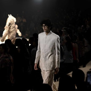 Male model in embellished bandhgala walking runway - artisanal men’s fashion, artisanal men’s fashion, Statement jacket for men