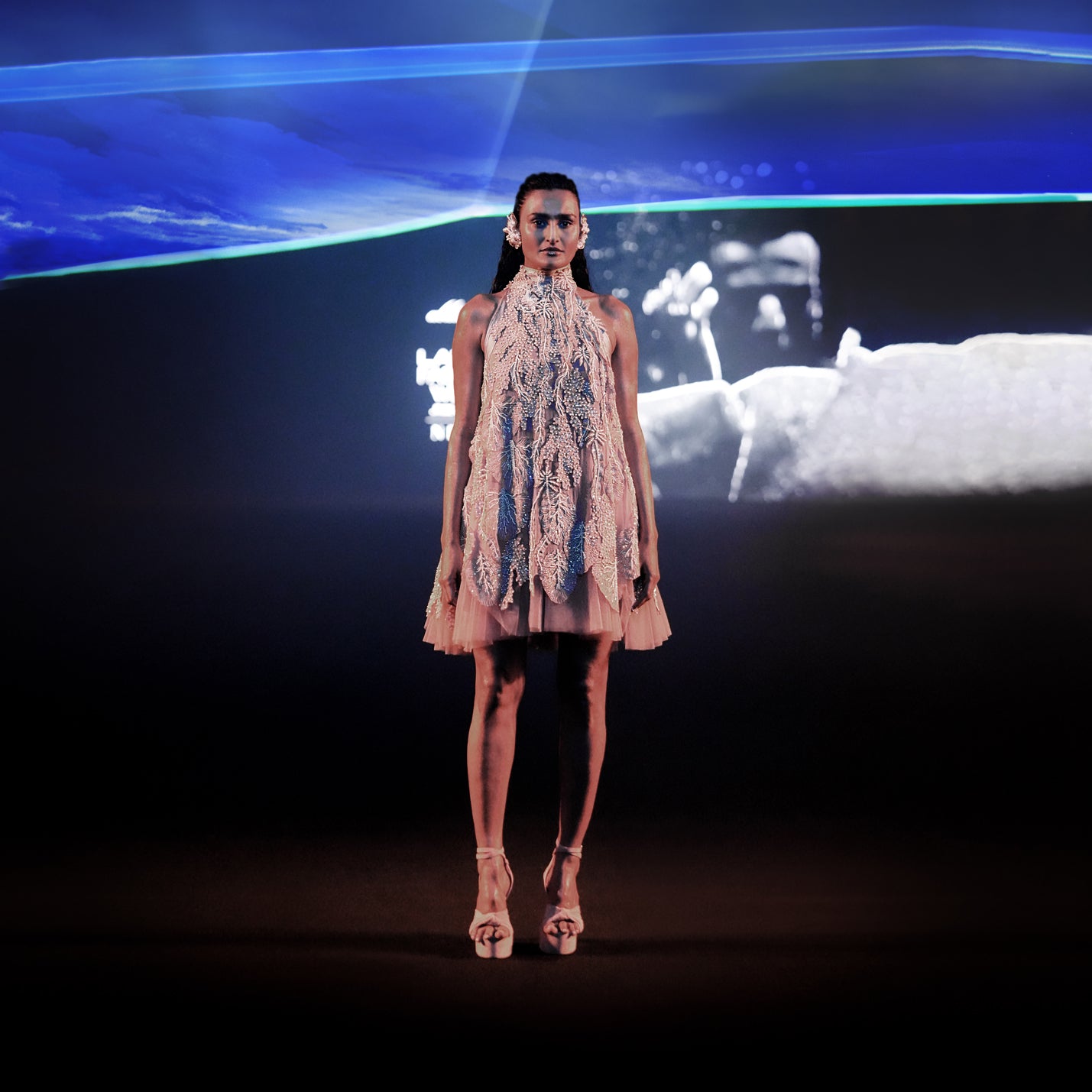 High neck shift Dress embellished with 3D varied texture bringing out the play of light under the water surface.  #abhisheksharma #fashiondesignerabhisheksharma #reef #redcarpet #shortdress #abhishekstudio #lfw #fdci 