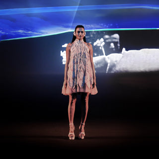 High neck shift Dress embellished with 3D varied texture bringing out the play of light under the water surface.  #abhisheksharma #fashiondesignerabhisheksharma #reef #redcarpet #shortdress #abhishekstudio #lfw #fdci 