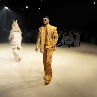 Metallic textured Bandhgala with embellished T-shirt and matching trousers Tuxedo, retro suit, menswear