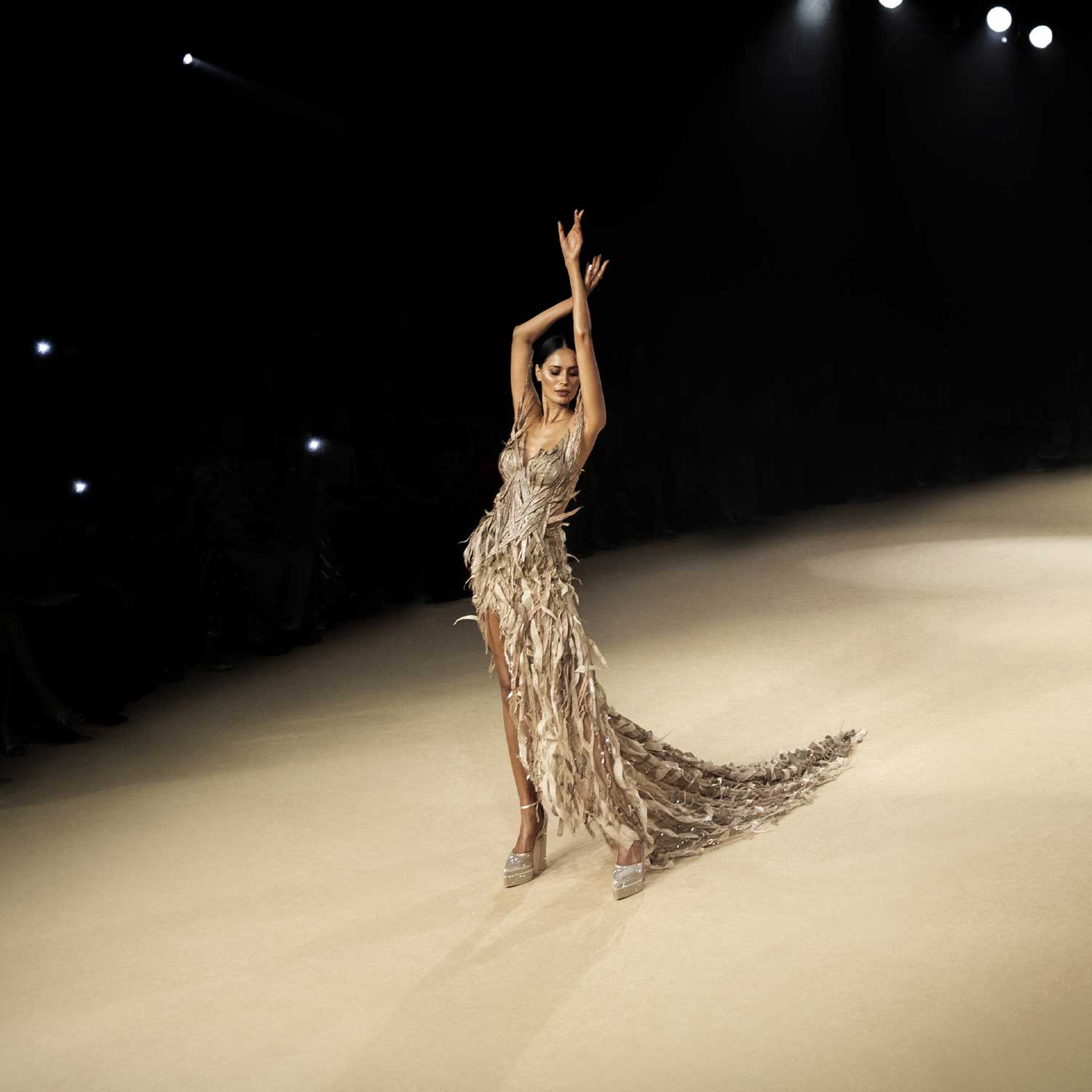 Structured corset with 3D embellished trail skirt – futuristic couture ensemble. redcarpet cocktail gown