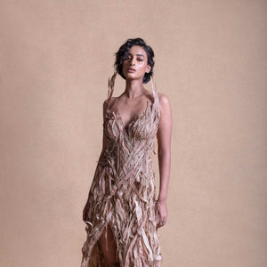 Structured corset gown with 3D trail details on studio model - couture gown, 3D fringe dress, redcarpet cocktail gown