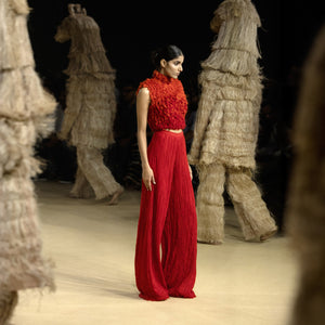Ombre chiffon high-neck top with flared pants – lightweight modern silhouette, jumpsuit