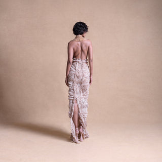 Backless dress with drip string design and high slit – contemporary fashion portrait, backless dress, drip string design, high slit, high fashion