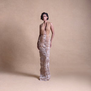 Backless dress with drip string design and plunging neckline – high fashion, runway look, backless dress