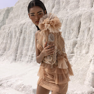 Asymmetrical ruffle top and fluted skirt set – edgy contemporary fashion, short dress.