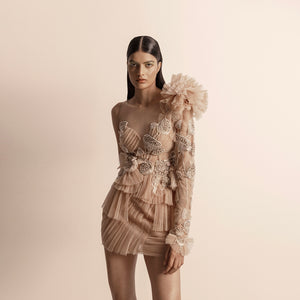Front view of asymmetrical ruffle top and fluted skirt set – asymmetrical top, ruffle top, fluted skirt, short set, edgy contemporary