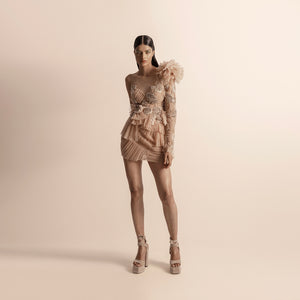 Full view of asymmetrical ruffle top and fluted skirt set – asymmetrical top, ruffle top, fluted skirt, short dress set, edgy contemporary fashion