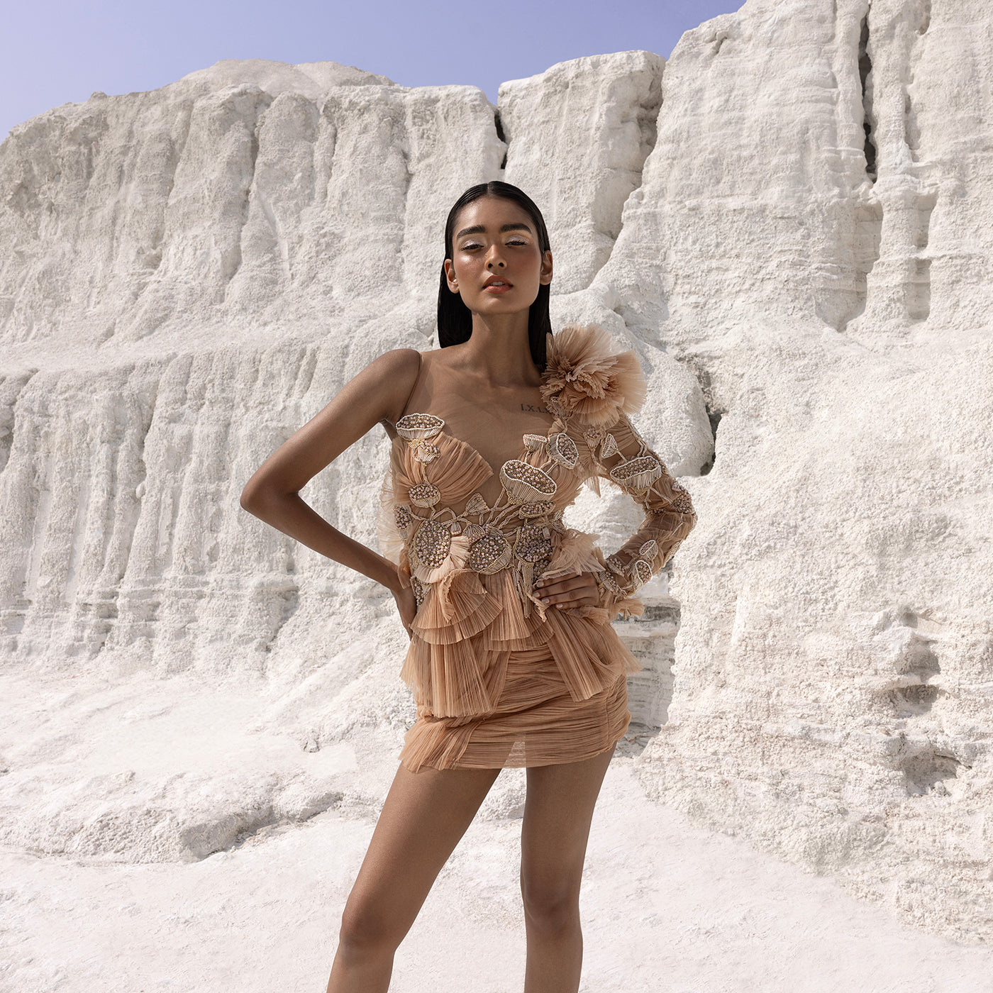  Full view of asymmetrical ruffle top and fluted skirt set – edgy contemporary short dress, asymmetrical top, ruffle top, fluted skirt, short set, edgy fashion