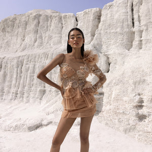  Full view of asymmetrical ruffle top and fluted skirt set – edgy contemporary short dress, asymmetrical top, ruffle top, fluted skirt, short set, edgy fashion