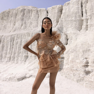  Full view of asymmetrical ruffle top and fluted skirt set – edgy contemporary short dress, asymmetrical top, ruffle top, fluted skirt, short set, edgy fashion