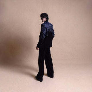 Men's black designer suit with dramatic textured shoulder embroidery and loose trousers, back view, Tuxedo, cocktail suit, menswear