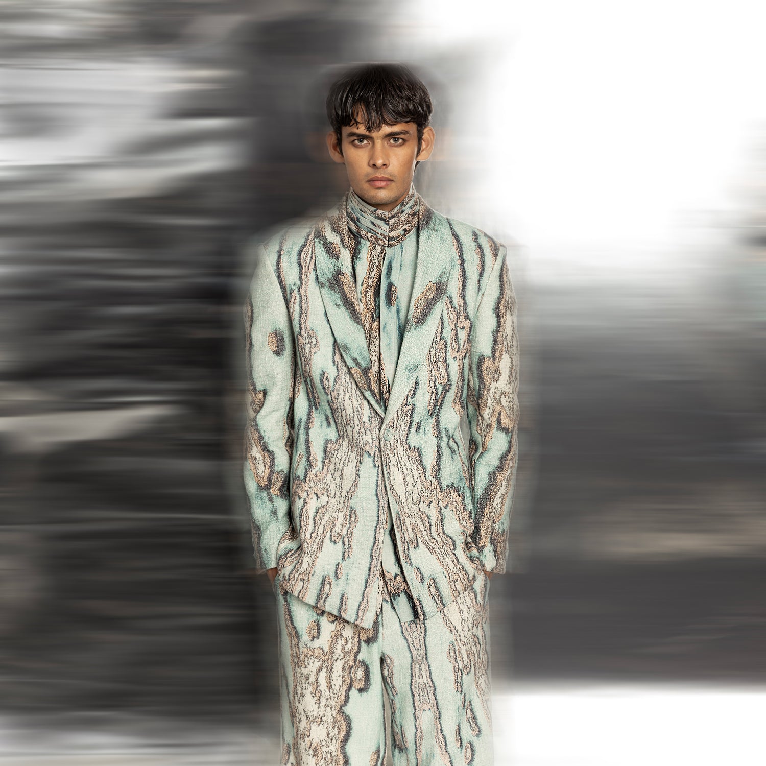 upperbody view of Men's coast print single-button jacket with shawl collar and layered high-neck detail – sea-textured coord set