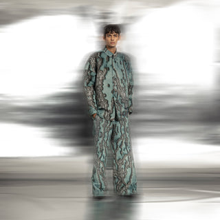 full lengh of Coastal print textured button-down jacket and wide-leg pants – breezy, relaxed fit coord set for casual wear