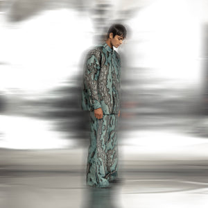 side view of Coastal print textured coord set with buttoned jacket and wide-leg pants – relaxed silhouette for casual styling