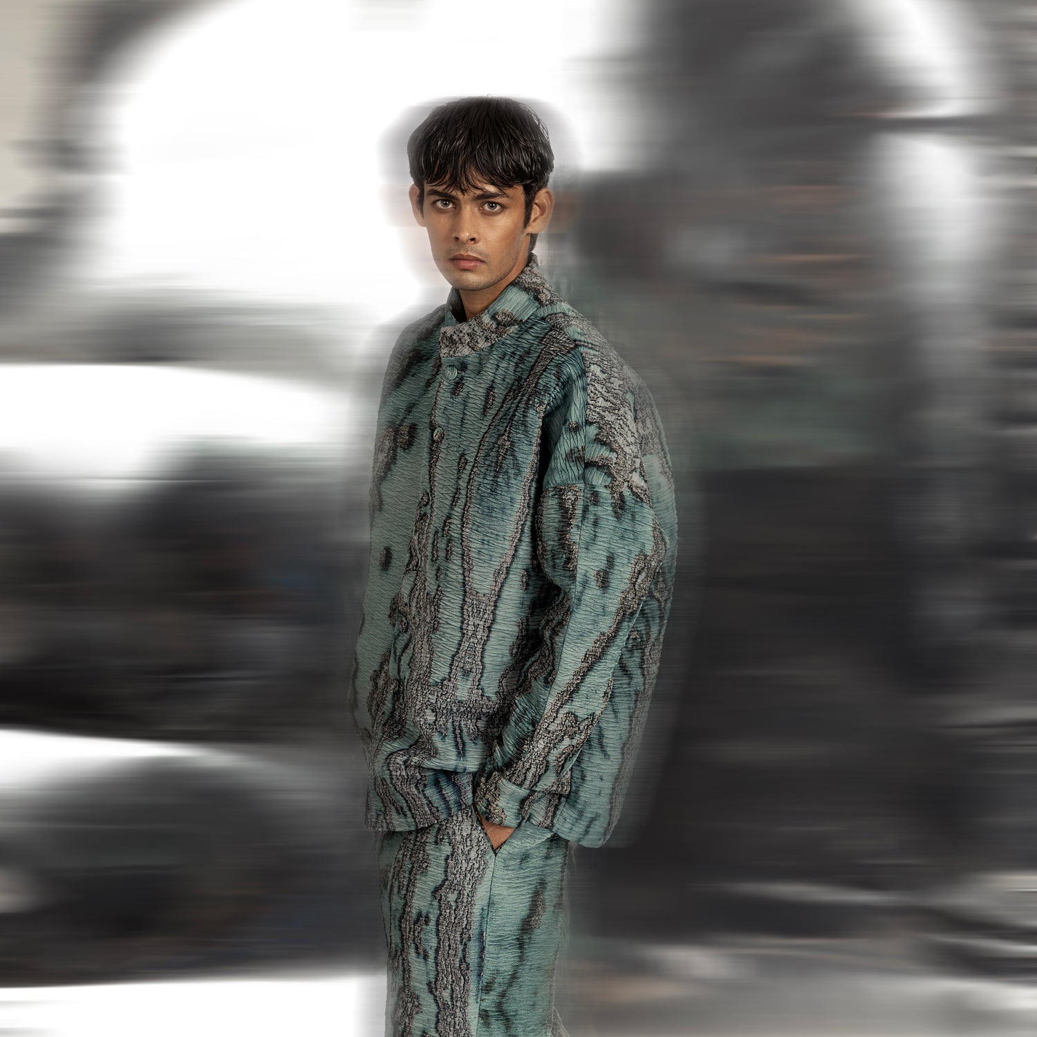upper side shot of Coast print textured drop-shoulder jacket with relaxed fit – breezy coastal-inspired coord set outerwear