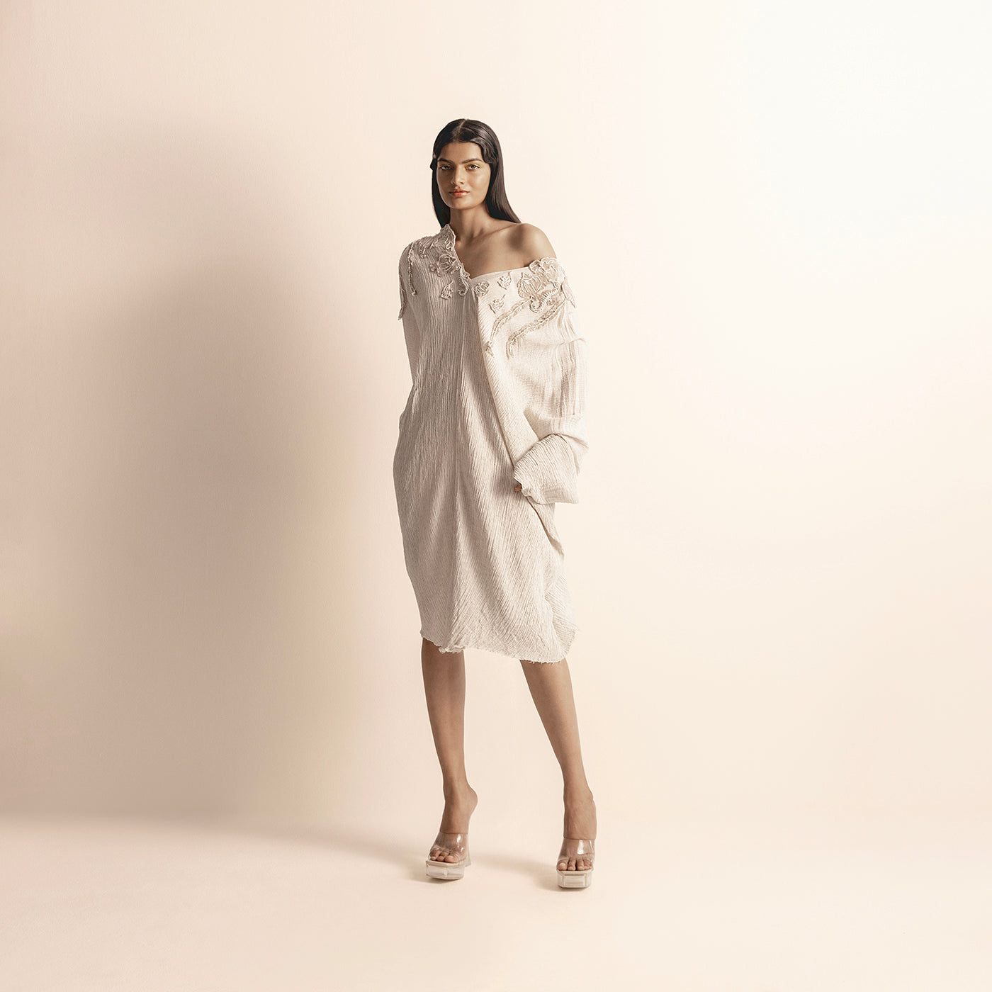 Crinkle draped tunic with embellished motifs – texture designer piece