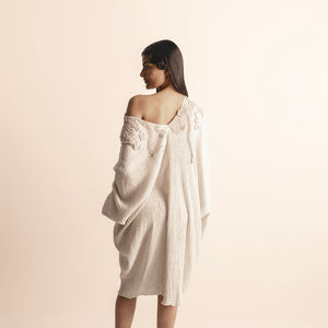 back view of Women's off-shoulder crinkle tunic with back drape and tonal embroidery – sculpted artisanal elegance, crinkle fabric, off-shoulder dress,