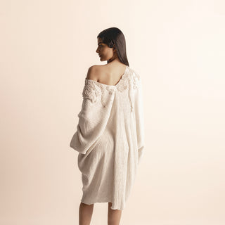 back view of Women's off-shoulder crinkle tunic with back drape and tonal embroidery – sculpted artisanal elegance, crinkle fabric, off-shoulder dress,