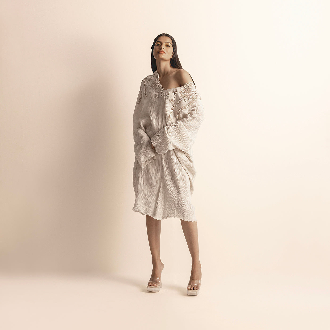 Crinkle off-shoulder tunic dress with tonal floral embroidery –  off-shoulder tunic, crinkle fabric dress, tonal embroidery, minimal designer wear