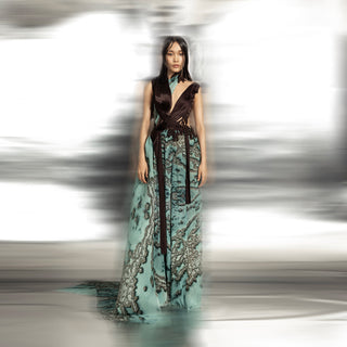 Draped raised neck structured top with placement embroidery – elevated artistic fashion piece, modern silhouette, jumpsuit