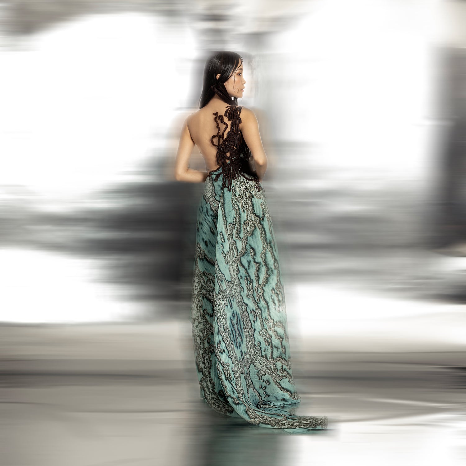 Women's backless reef print jumpsuit with artistic embroidery and fluid train – sculpted designer silhouette with oceanic texture