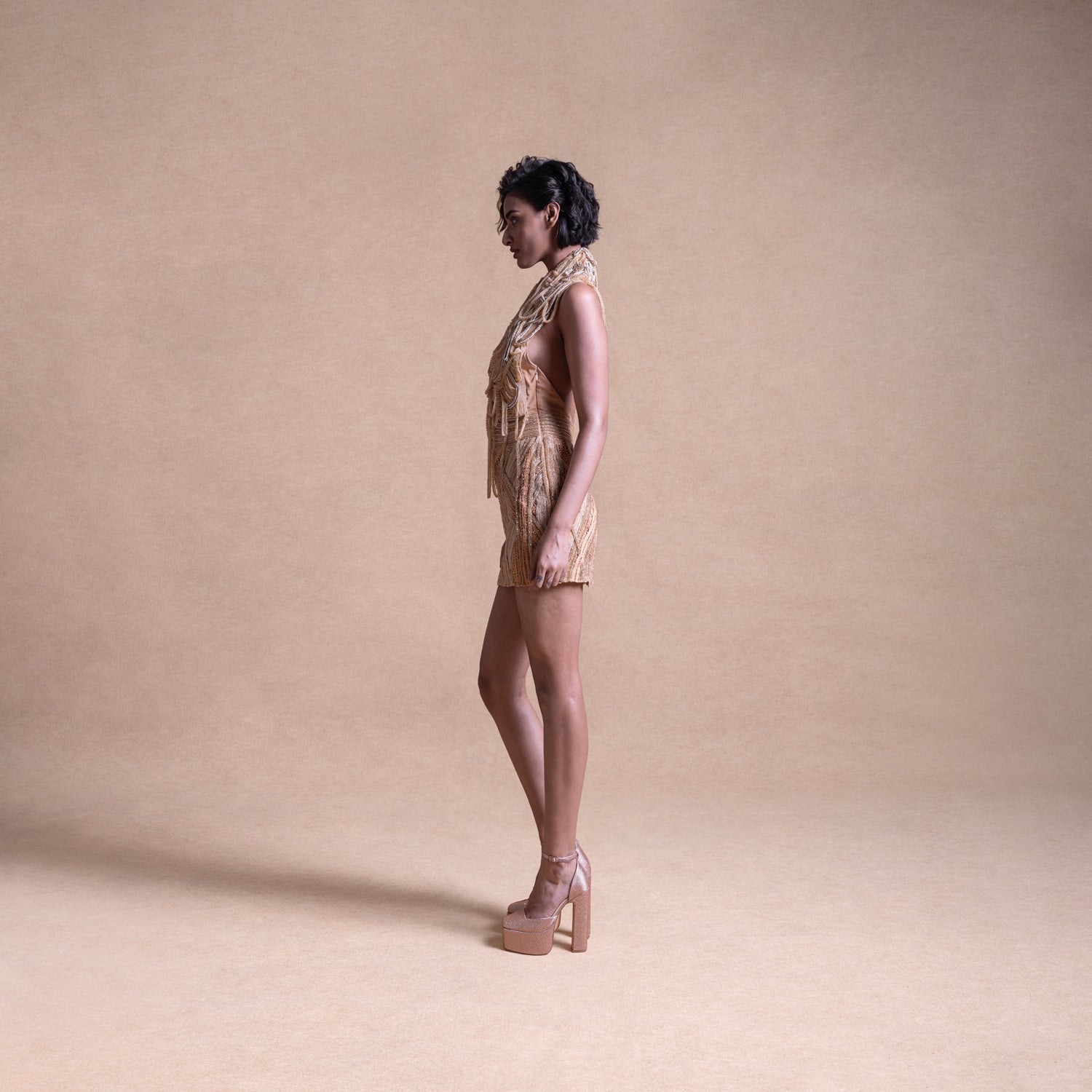 side view of Short Backless Dress with Drip String Embellishments – Bold Party Wear, Trendy Cocktail Style, evening dress