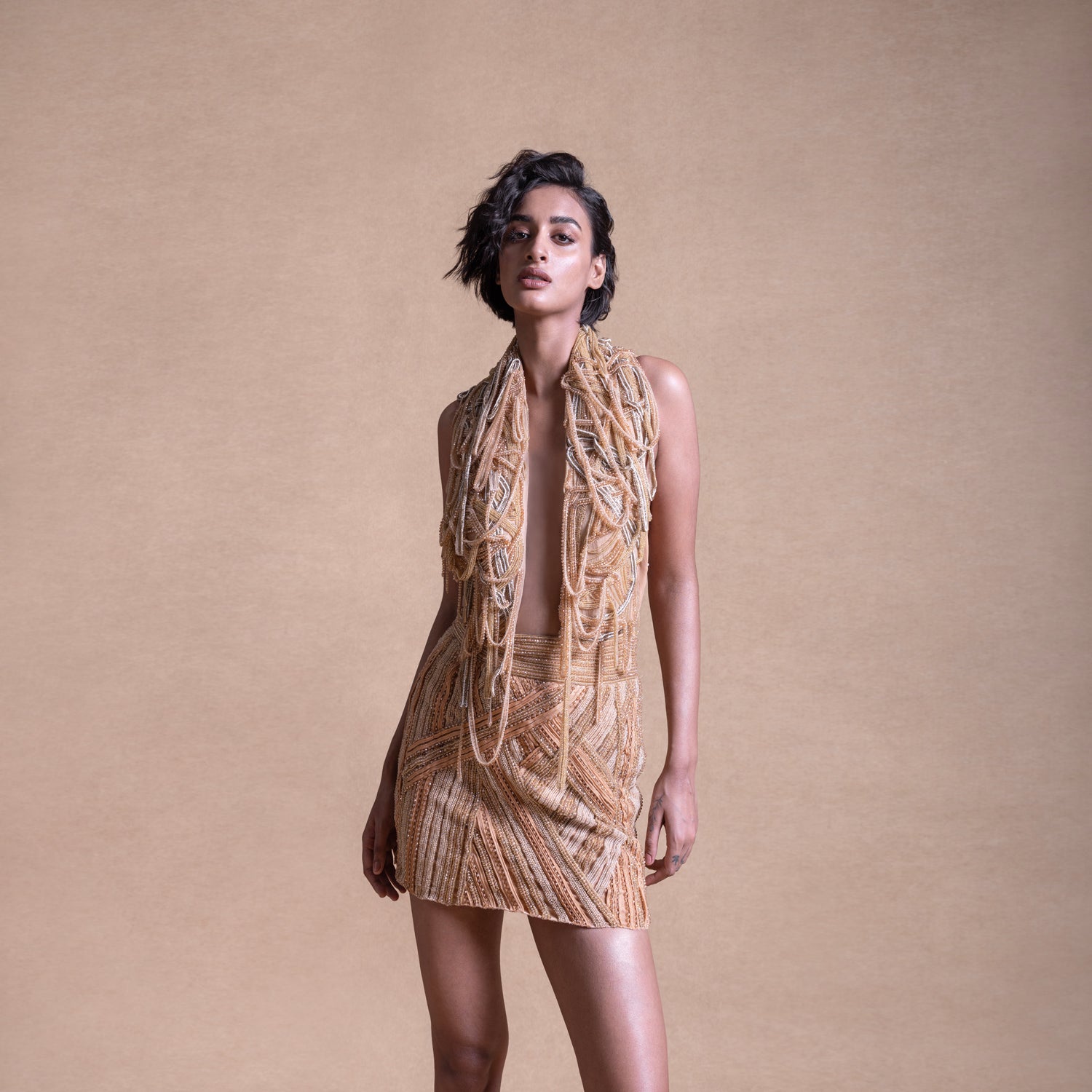 Sleeveless Short Dress with Drip String Details – Bold Party Dress, Trendy Cocktail Wear, stylish evening attire