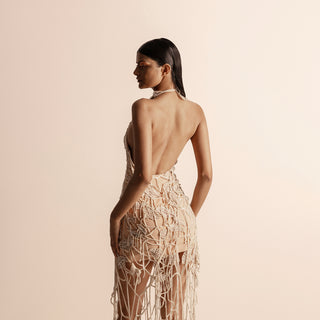 Back view of halter drip string dress with abstract corded embroidery – backless dress, drip string embroidery, halter evening gown, sculptural fashion, designer partywear
