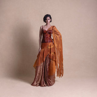 Contemporary saree set with embellished corset blouse – fusion Indian couture, pre-pleated saree, pre-draped saree, western saree.