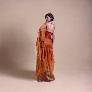 Back view of contemporary pre-draped saree with embellished corset top - Modern Indian design