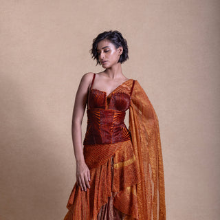 Close-up of embellished corset blouse and draped pallu - Modern Indian fashion detail, fusion Indian couture, pre-pleated saree, pre-draped saree, western saree.