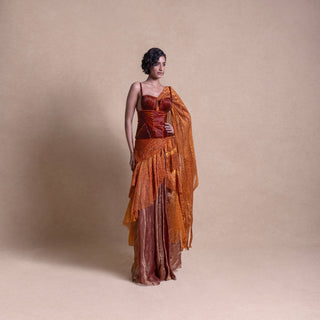 Designer pre-draped fusion saree set with dramatic fringed detail - fusion Indian couture, pre-pleated saree, pre-draped saree, western saree.