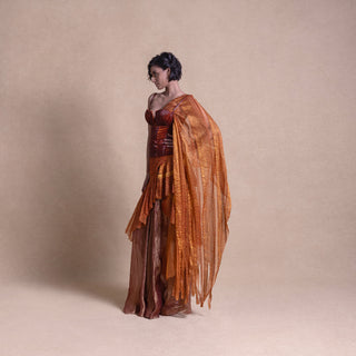 Elegant pre-pleated saree with ornate bustier - Modern ethnic fashion, fusion Indian couture, pre-pleated saree, pre-draped saree, western saree.