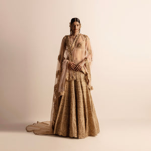 Embellished golden lehenga set – traditional bridal couture with shine, hand crafted couture bridal