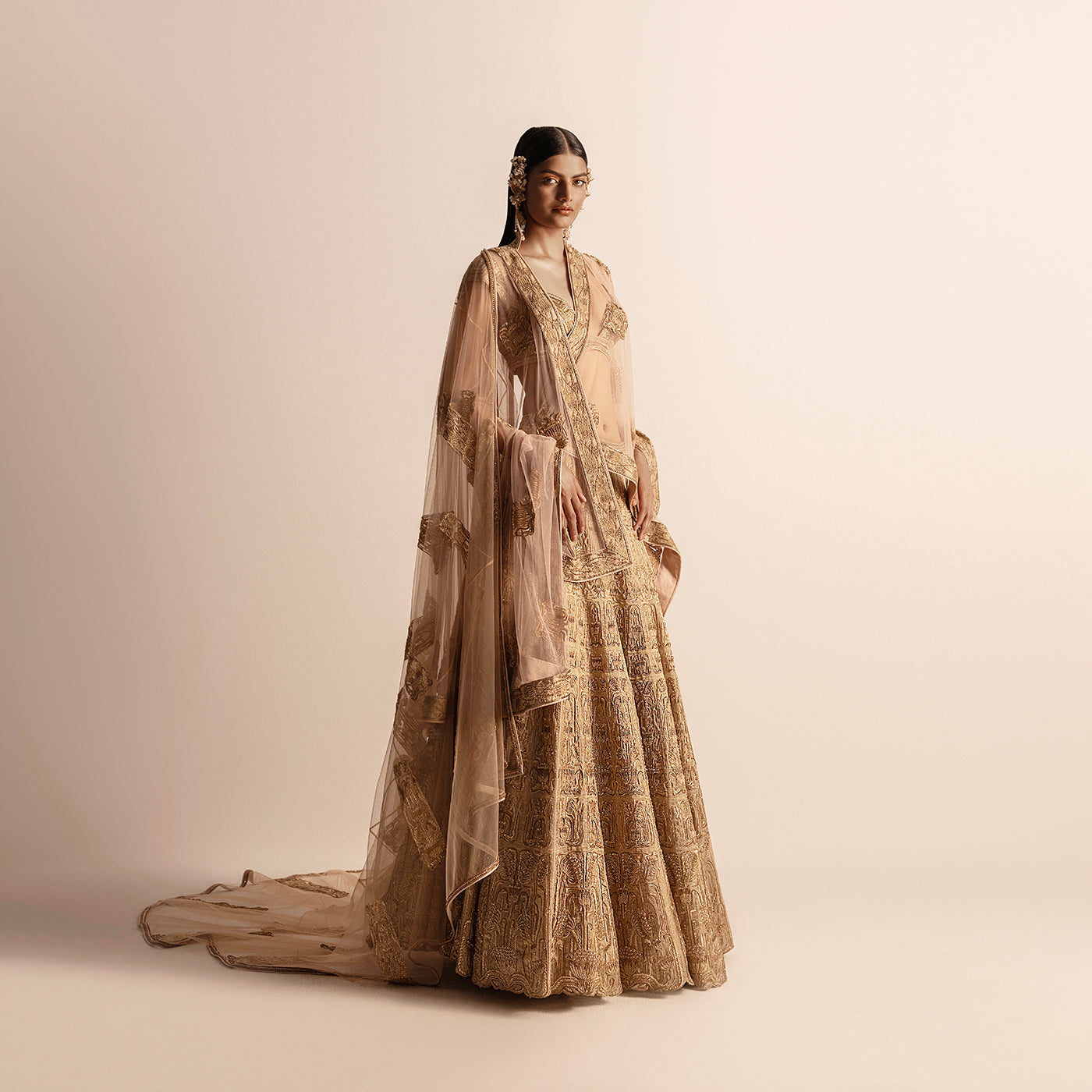 full length of Women's gold embellished bridal lehenga set with organza dupatta and intricate embroidery – luxury handcrafted ensemble, luxury Indian wear